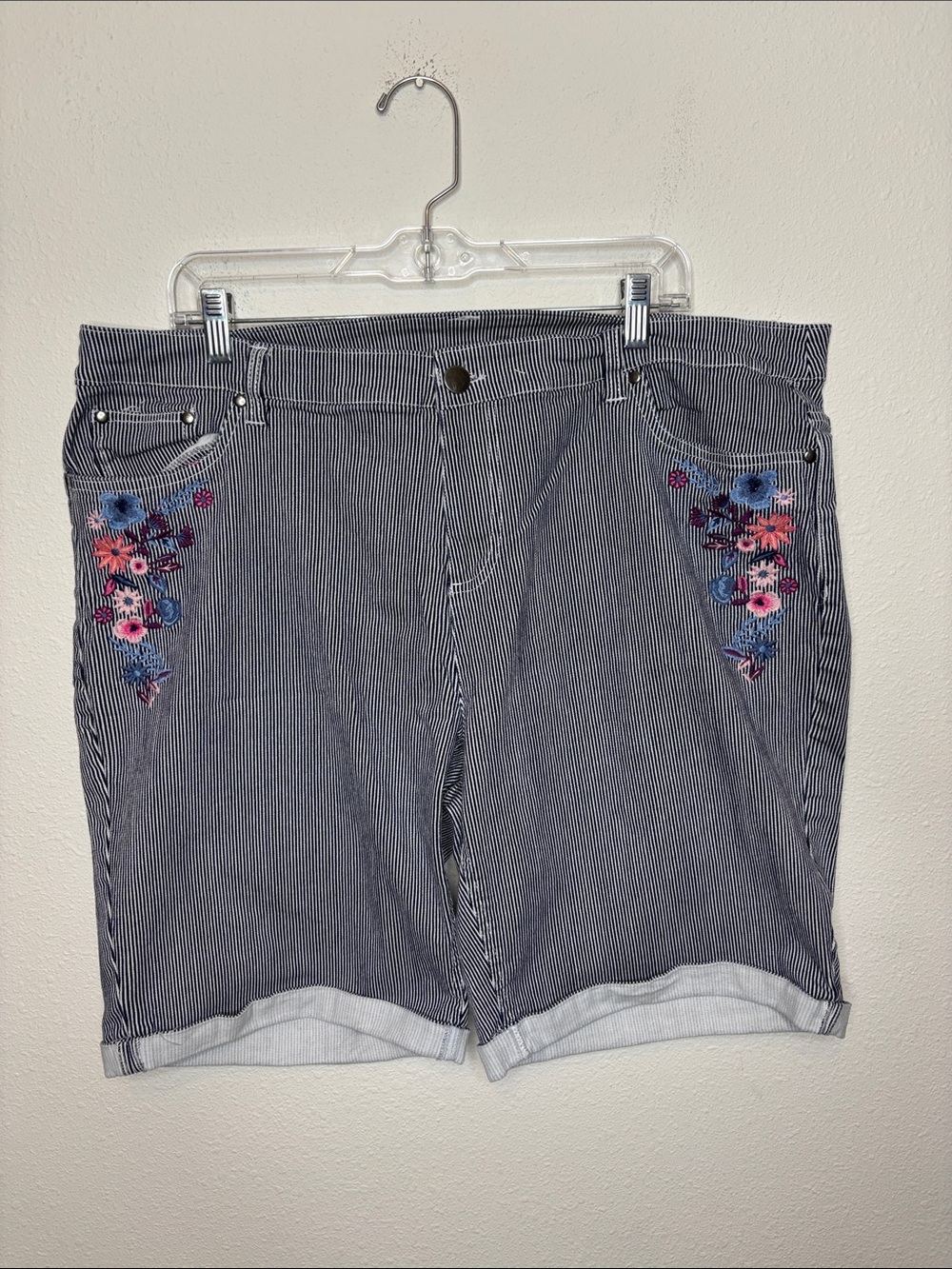 CJ Banks Navy Pinstripe Floral Embroidered Jean Shorts
